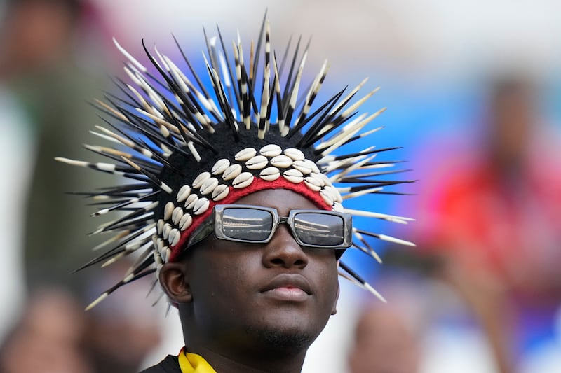 A fan sports some prickly headgear ahead of the Group G clash between Switzerland and Cameroon, at Al Janoub Stadium in Al Wakrah. AP Photo