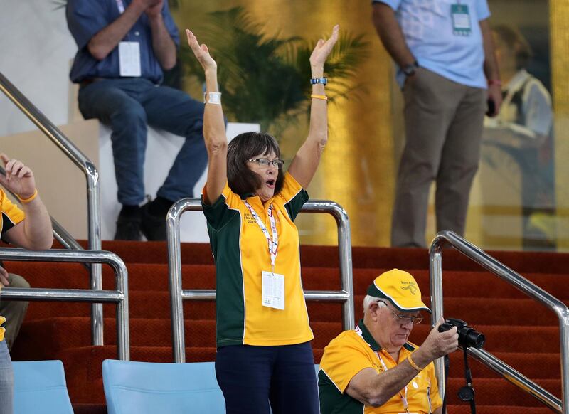 Dubai, United Arab Emirates - March 17, 2019: Supporters cheer for the athletes during the swimming at the Special Olympics. Sunday the 17th of March 2019 Hamden Sports Complex, Dubai. Chris Whiteoak / The National