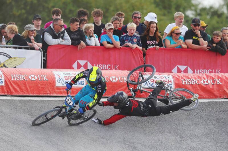 A rider crashes during the British BMX Championships at Leicester Huncote Hornets BMX Track on Saturday, August 28. Getty