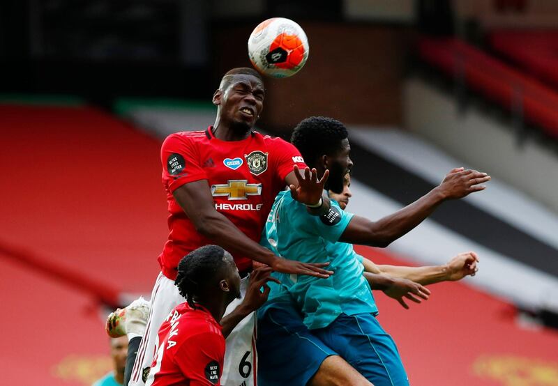 Manchester United's Paul Pogba wins a header during the win over Bournemouth. Reuters