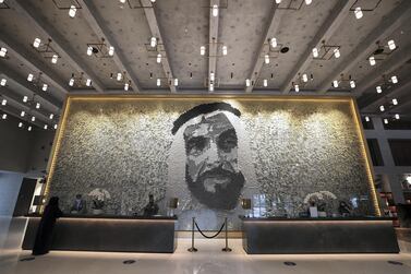 Created by Giles Miller Studio from London, this portrait of Sheikh Zayed is made up of 29,000 individual metallic discs. Chris Whiteoak / The National