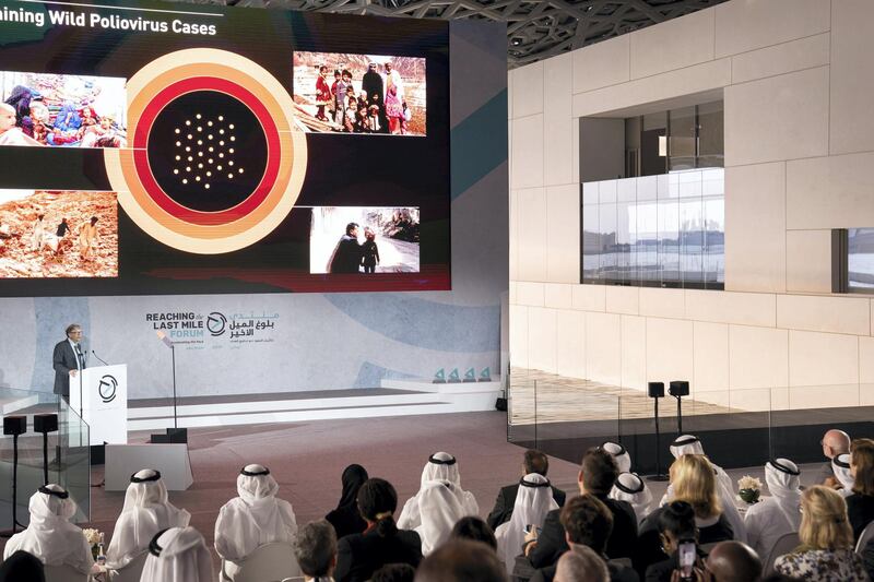 SAADIYAT ISLAND, ABU DHABI, UNITED ARAB EMIRATES - November 19, 2019: Bill Gates, Co-chair and Trustee of Bill & Melinda Gates Foundation (on stage L), delivers a speech during the Reaching the Last Mile Forum, at Louvre Abu Dhabi.

( Hamad Al Mansoori / for the Ministry of Presidential Affairs )
---