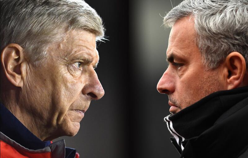 FILE PHOTO (EDITORS NOTE: COMPOSITE OF TWO IMAGES - Image numbers (L) 609115656 and 632284824) In this composite image a comparision has been made between Arsene Wenger, Manager of Arsenal (L) and  Jose Mourinho, Manager of Manchester United.  Arsenal and Manchester United meet in a Premier League match at the Emirates Stadium on December 2, 2017 in London,England.   ***LEFT IMAGE*** NOTTINGHAM, ENGLAND - SEPTEMBER 20: Arsene Wenger, Manager of Arsenal looks on during the EFL Cup Third Round match between Nottingham Forest and Arsenal at City Ground on September 20, 2016 in Nottingham, England. (Photo by Laurence Griffiths/Getty Images) ***RIGHT IMAGE*** STOKE ON TRENT, ENGLAND - JANUARY 21: Jose Mourinho, Manager of Manchester United looks on during the Premier League match between Stoke City and Manchester United at Bet365 Stadium on January 21, 2017 in Stoke on Trent, England. (Photo by Laurence Griffiths/Getty Images)