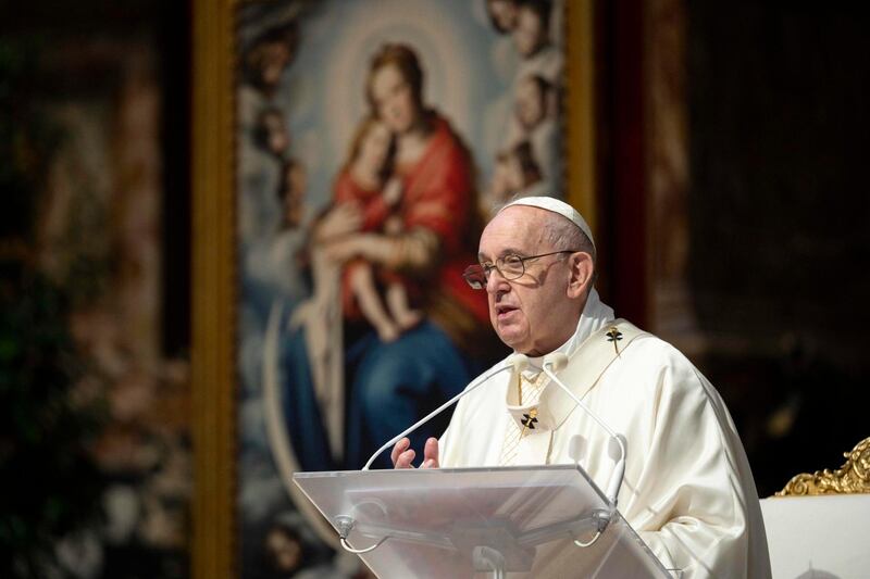 epa08484582 A handout picture provided by the Vatican Media shows  Pope Francis during a Holy Mass on the Solemnity of the Most Holy Body and Blood of Christ, at the Saint Peter's Basilica in Vatican City, 14 June 2020.  EPA/VATICAN MEDIA / HANDOUT  HANDOUT EDITORIAL USE ONLY/NO SALES