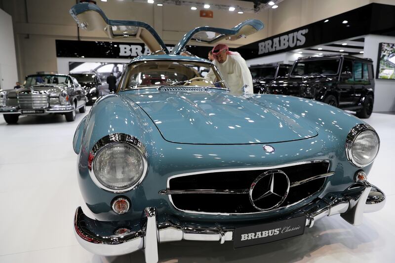 Dubai, United Arab Emirates - November 14th, 2017: A Mercedes 300 SL at the Dubai Motor show. Tuesday, November 14th, 2017 at World Trade Centre, Dubai. Chris Whiteoak / The National