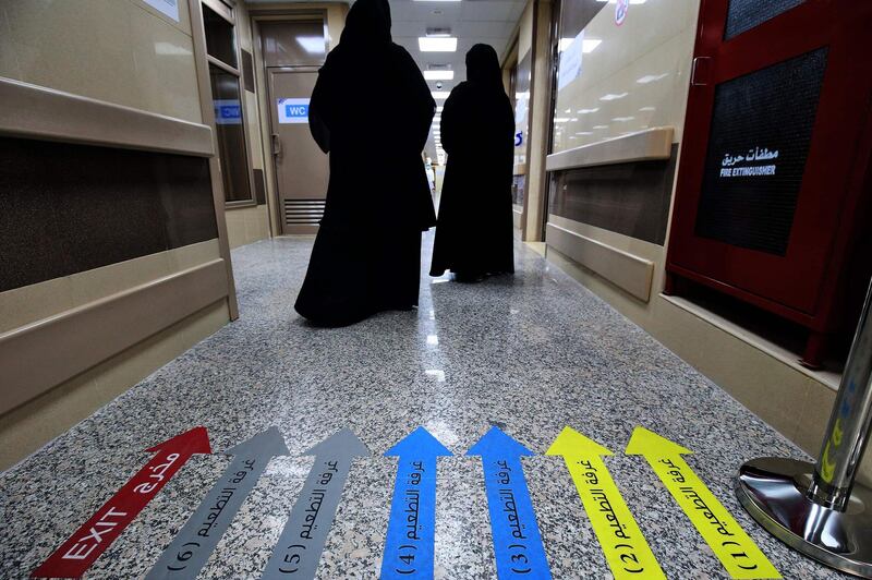 People arrived to be vaccinated by the Kuwaiti Ministry of Health with the Oxford-AstraZeneca Covid-19 vaccine (Covishield) at al-Naseem vaccination centre, in al-Jahra governorate, 40 km north of Kuwait City. AFP