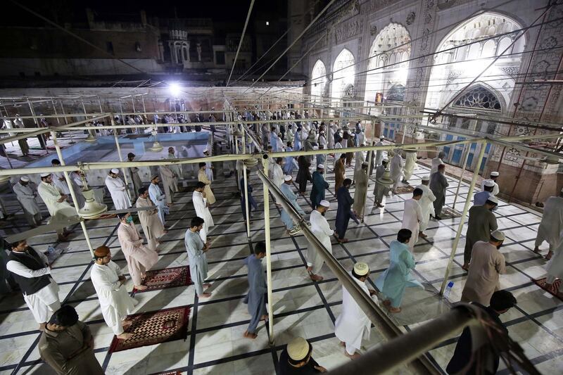 Muslims offer special taraweeh prayers during the first day of Ramadan amid a lockdown in the Khyber Pakhtunkhwa province in Peshawar, Pakistan, on April 24, 2020. EPA
