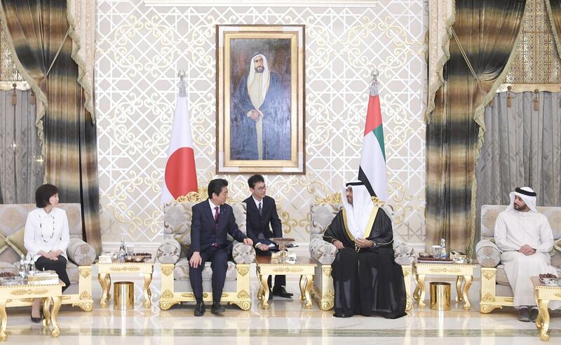 Japanese Prime Minister Shinzo Abe is welcomed by Dr Sultan Al Jaber, Minister of State and Adnoc Group chief executive, upon his arrival to the UAE on Sunday. Wam