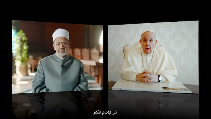Pope Francis and the Grand Imam of Al Azhar, Ahmed Al Tayeb, participate remotely. Photo: Higher Committee for Human Fraternity