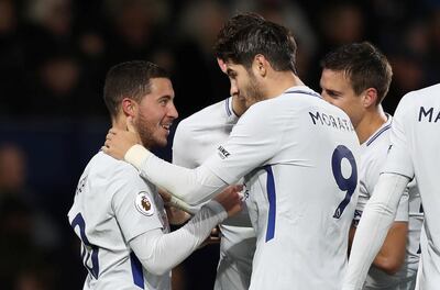 Soccer Football - Premier League - West Bromwich Albion vs Chelsea - The Hawthorns, West Bromwich, Britain - November 18, 2017   Chelsea's Eden Hazard celebrates scoring their fourth goal with Alvaro Morata   Action Images via Reuters/Peter Cziborra    EDITORIAL USE ONLY. No use with unauthorized audio, video, data, fixture lists, club/league logos or "live" services. Online in-match use limited to 75 images, no video emulation. No use in betting, games or single club/league/player publications. Please contact your account representative for further details.