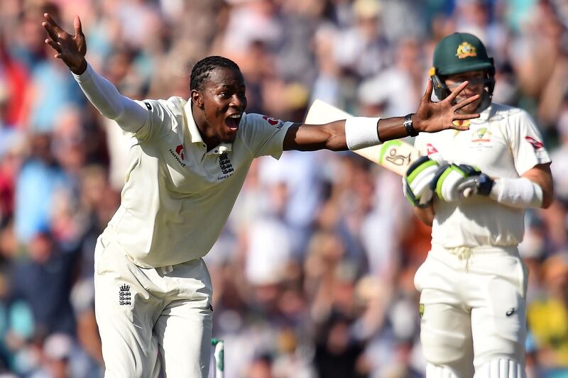 England fast bowler Jofra Archer appeals unsuccessfully for the wicket of Australia captain Tim Paine. AFP