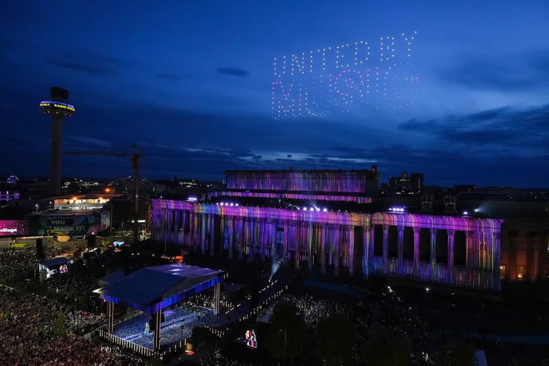 A drone display lights up the sky during the Eurovision welcome event at St George's Hall, Liverpool. Getty