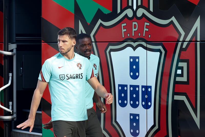 Ruben Dias arrives for Portugal's training session. EPA