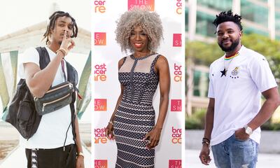 From left to right: Somali rapper Freek, Heather Small and Nigerian singer MKO will perform at the festival. Photo: Elia Mssawir, Getty Images, Reem Mohammed / The National