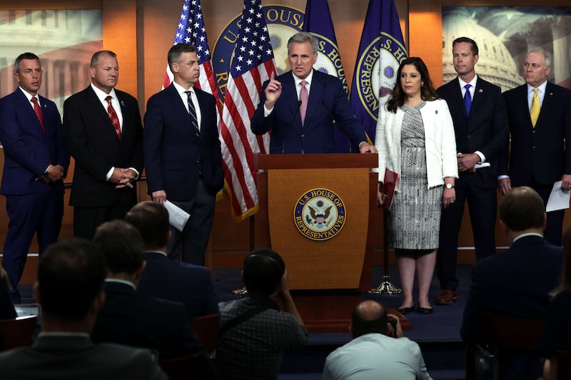 House Minority Leader Kevin McCarthy holds a press conference with members of Republican House leadership on the January 6 committee. AFP
