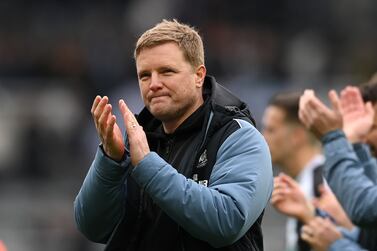 NEWCASTLE UPON TYNE, ENGLAND - APRIL 23: Eddie Howe, Manager of Newcastle United, applauds the fans after the team's victory during the Premier League match between Newcastle United and Tottenham Hotspur at St. James Park on April 23, 2023 in Newcastle upon Tyne, England. (Photo by Stu Forster / Getty Images)