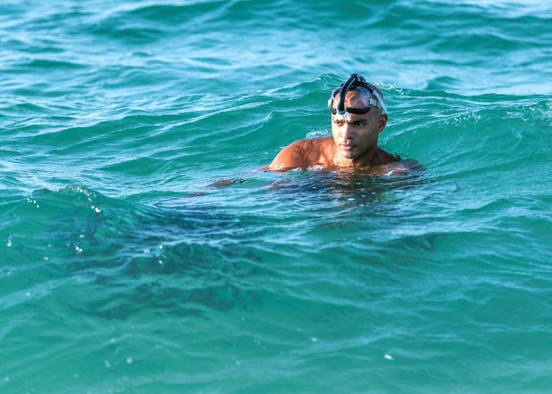 DUBAI, UNITED ARAB EMIRATES. 15 OCTOBER 2020. 
Endurance swimming champion Shehab Allam trains a day before he is set on creating a world swimming record in Dubai by braving a 25km stretch from Al Seef to Dubai Water Canal.
(Photo: Reem Mohammed/The National)

Reporter:
Section: