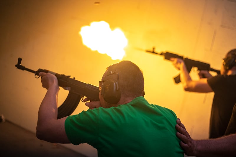 Ukrainian civilians receive weapons training at a shooting range in Brno, Czech Republic.  EPA