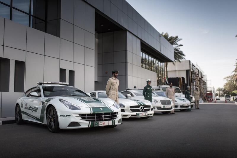 Famous five: a small selection of Dubai Police’s fleet, from left to right, Ferrari FF, Mercedes-Benz SLS-AMG, Bentley Continental GT, Porsche Panamera and Mercedes-Benz/Brabus G700. Courtesy WSF Creative