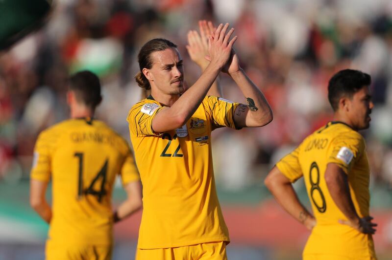 Jackson Irvine of Australia and his teammates celebrate following their victory in  the AFC Asian Cup Group B match between Palestine and Australia in Dubai. Getty Images