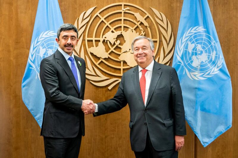 The United Nations Secretary-General Antonio Guterres has received H.H. Sheikh Abdullah bin Zayed Al Nahyan, Minister of Foreign Affairs and International Cooperation, and his accompanying delegation. During the meeting, held on the sidelines of the 74th UN General Assembly, UNGA. WAM