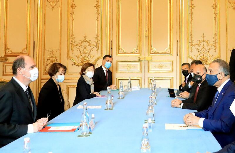 French Prime Minister Jean Castex and Iraqi Prime Minister Mustafa al-Kadhimi sit for talks in Paris, France. Courtesy 