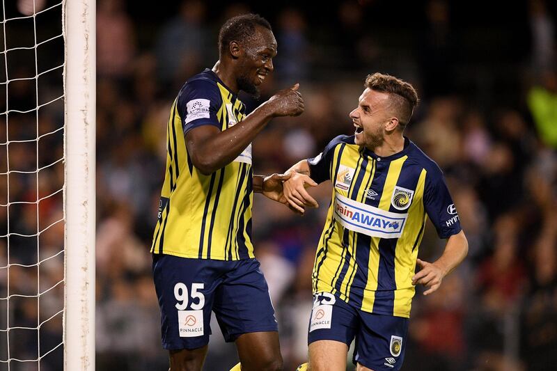 Usain Bolt in action for the Mariners against Macarthur South West United during a pre-season friendly at Campbelltown Sports Stadium in Sydney. EPA