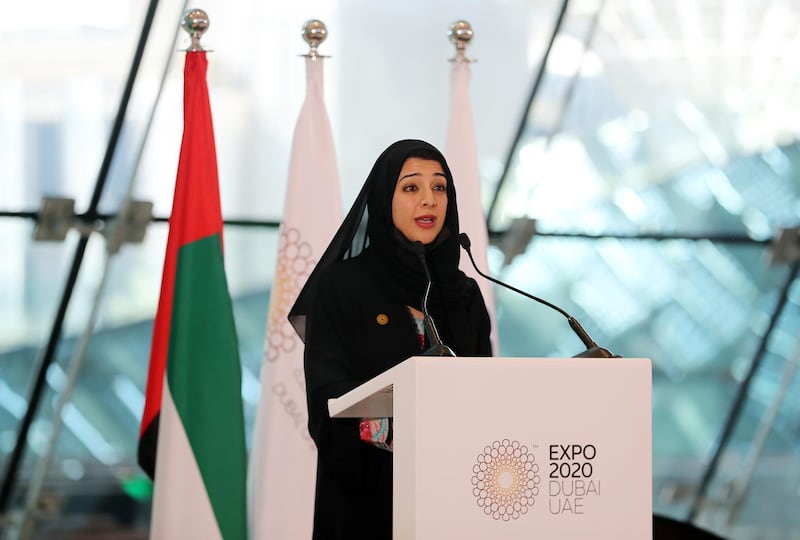 DUBAI, UNITED ARAB EMIRATES , January 16 – 2021 :- Reem Al Hashimy, Director General of Expo 2020 Dubai Bureau and UAE Minister of State for International Cooperation speaking to media during the press conference at the Dubai Expo 2020 Sustainability Pavilion  in Dubai. (Pawan Singh / The National) For News/Online/Instagram/Big Picture. Story by Sarwat