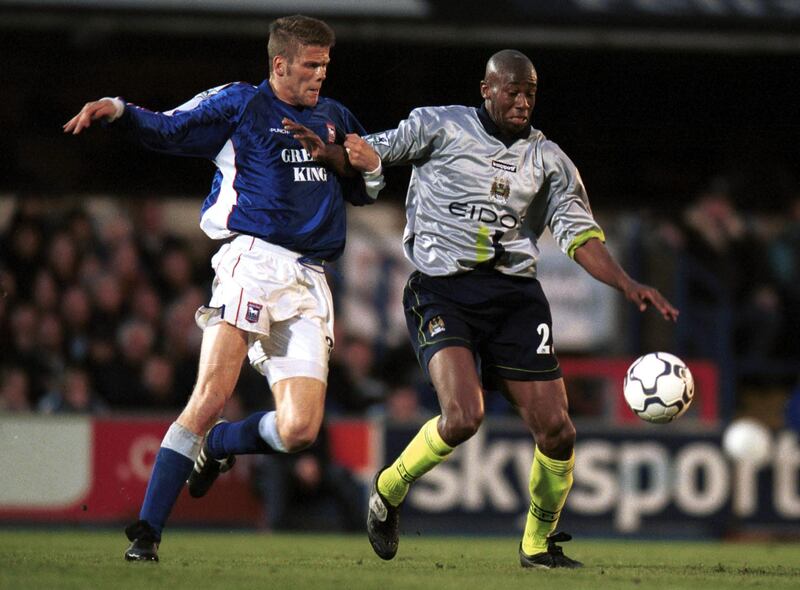 7 May 2001: Paulo Wanchope of Man City holds off the challenge of Hermann Hreidarsson of Ipswich during the match between Ipswich Town and Manchester City in the FA Carling Premiership at Portman Road, Ipswich. Mandatory Credit: Jamie McDonald/ALLSPORT