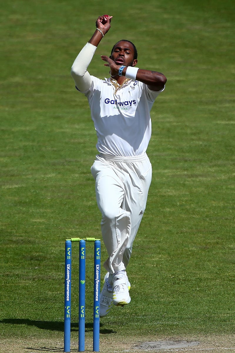 Jofra Archer of Sussex bowls during day two of the championship match between Sussex 2nd XI and Surrey 2nd XI at The 1st Central County Ground on May 5. Getty