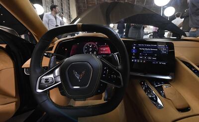 TUSTIN, CA - JULY 18: The dashboard of the new 2020 mid-engine C8 Corvette Stingray i seen after it was unveiled during a news conference on July 18, 2019 in Tustin, California.   Kevork Djansezian/Getty Images/AFP
== FOR NEWSPAPERS, INTERNET, TELCOS & TELEVISION USE ONLY ==

