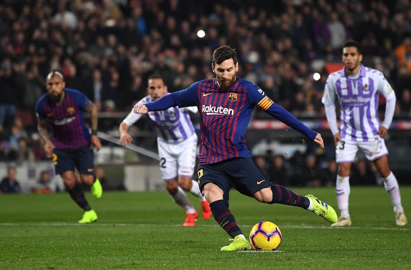 Barcelona's Lionel Messi scores a penalty. Getty Images