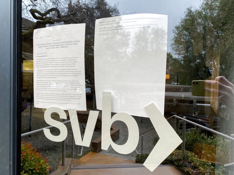 The locked door of a Silicon Valley Bank branch in Menlo Park, California.  Reuters
