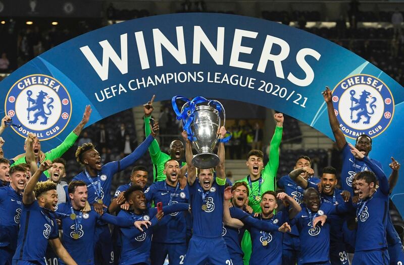 Chelsea players celebrate after beating Manchester City in Porto.