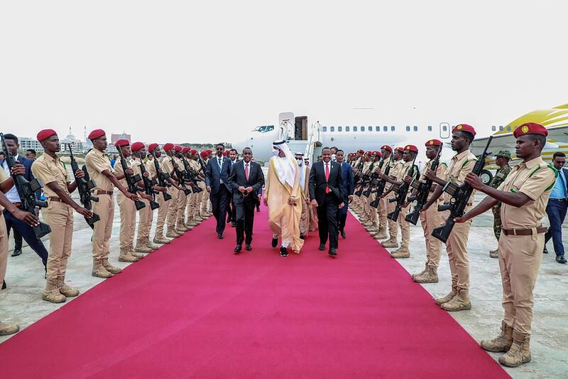 Sheikh Shakhboot bin Nahyan arriving in Somalia. Photo: Wam