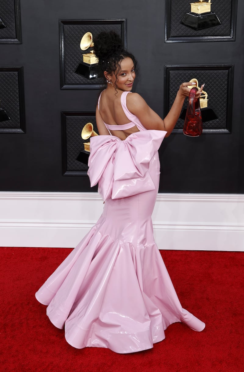 A back view of Tinashe's bowed dress. EPA