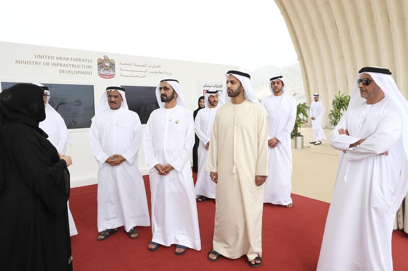 Vice President and Prime Minister of the UAE and Ruler of Dubai His Highness Sheikh Mohammed bin Rashid Al Maktoum reviewed the progress of housing construction and federal roads projects in Ras Al Khaimah. He was accompanied on his visit by Sheikh Mohammed bin Saud bin Saqr Al Qasimi, Crown Prince of Ras Al Khaimah; Lt. General Sheikh Saif bin Zayed Al Nahyan, Deputy Prime Minister and Minister of Interior; Sheikh Mansour bin Zayed Al Nahyan, Deputy Prime Minister and Minister of Presidential Affairs; Mohammad bin Abdullah Al Gergawi, Minister of Cabinet Affairs and The Future; and Dr. Abdullah bin Mohammed Belhaif Al Nuaimi, Minister of Infrastructure Development and Chairman of Sheikh Zayed Housing Programme. Dubai Media Office / Wam