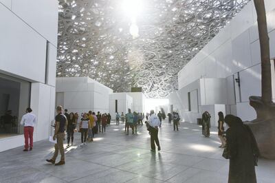 Abu Dhabi, United Arab Emirates, November 11, 2017:    Visitors attend the opening day at the Louvre Abbu Dhabi on Saadiyat Island in Abu Dhabi on November 11, 2017. Christopher Pike / The National

Reporter: James Langton, John Dennehy
Section: News