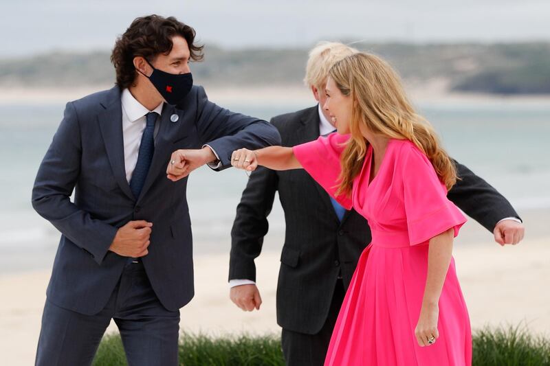 Carrie Johnson greet Canada's Prime Minister Justin Trudeau. Reuters