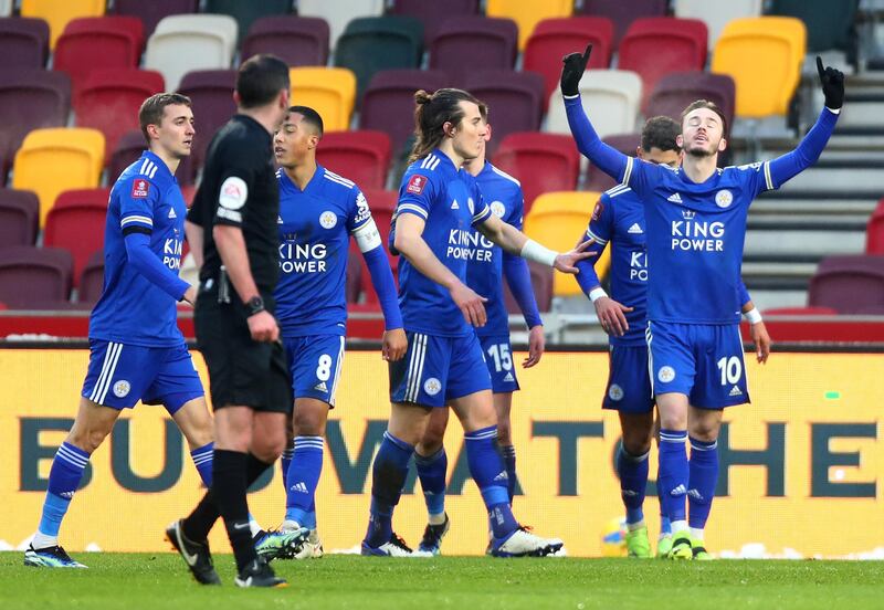 James Maddison celebrates after scoring Leicester City's third goal in their FA Cup fourth-round victory at Brentford. Getty