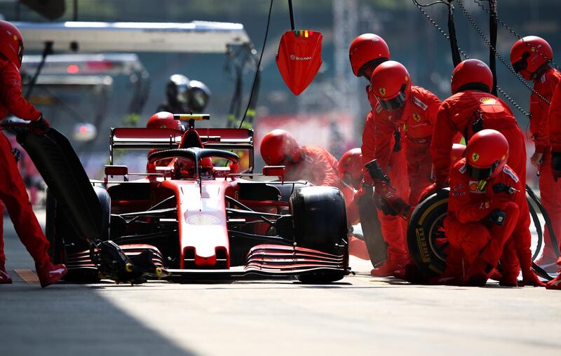 Charles Leclerc of Ferrari makes a pitstop on Sunday. Getty