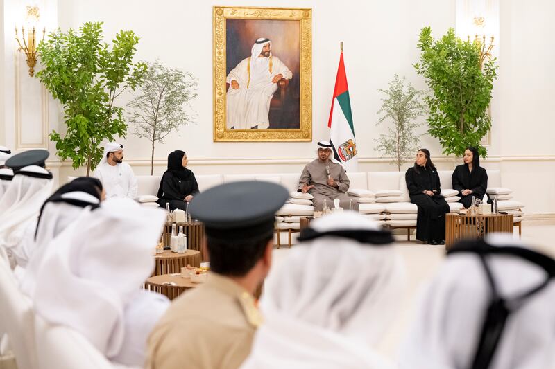 President Sheikh Mohamed speaks during a meeting with the team overseeing Cop28 at the Sea Palace. All photos: UAE Presidential Court 