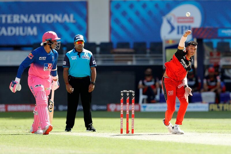 Navdeep Saini of Royal Challengers Bangalore bowling during match 33 of season 13 of the Dream 11 Indian Premier League (IPL) between the Rajasthan Royals and the Royal Challengers Bangalore held at the Dubai International Cricket Stadium, Dubai in the United Arab Emirates on the 17th October 2020.  Photo by: Saikat Das  / Sportzpics for BCCI