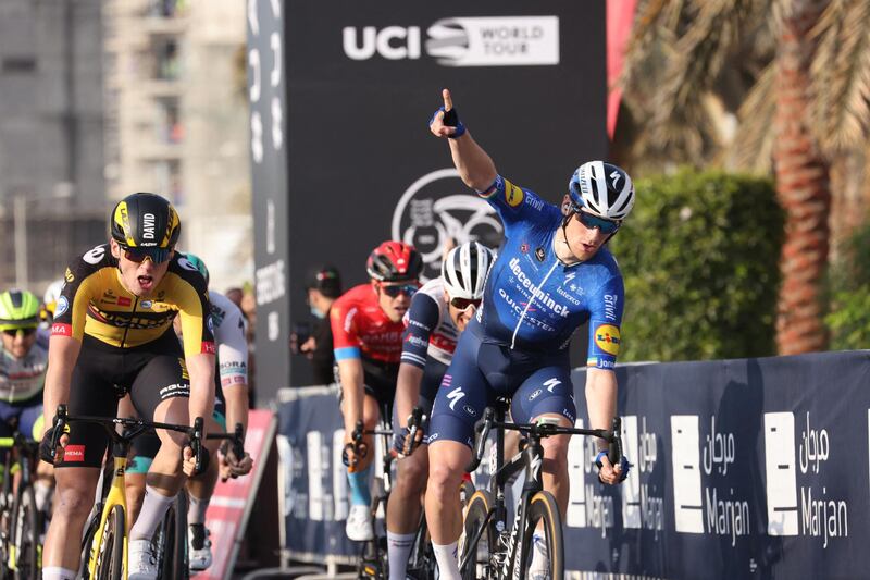 Sam Bennet celebrates winning Stage 4. AFP