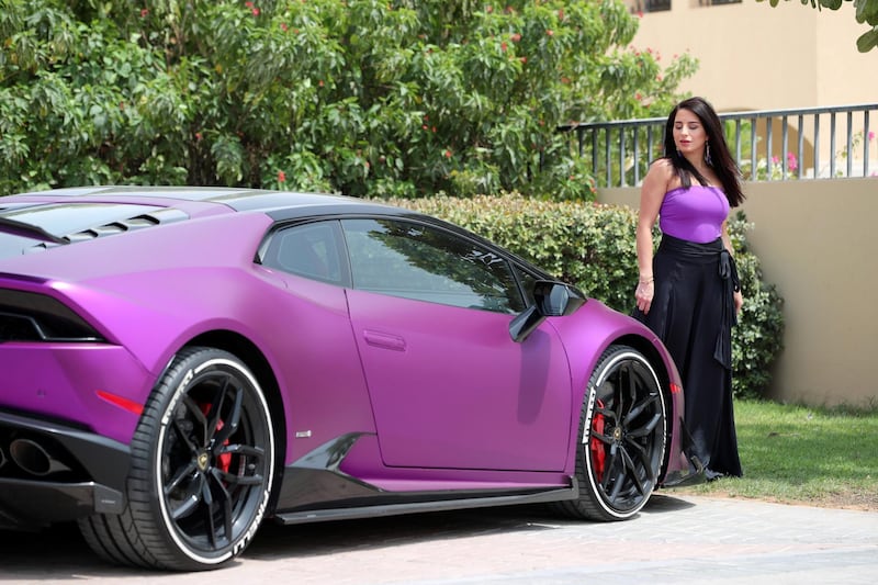 DUBAI , UNITED ARAB EMIRATES, September 24 , 2018 :-  Natalia Itani , businesswoman and motoring social-media influencer with her Lamborghini Huracan at her villa in Al Waha in Dubai. ( Pawan Singh / The National )  For Motoring. Story by Adam Workman