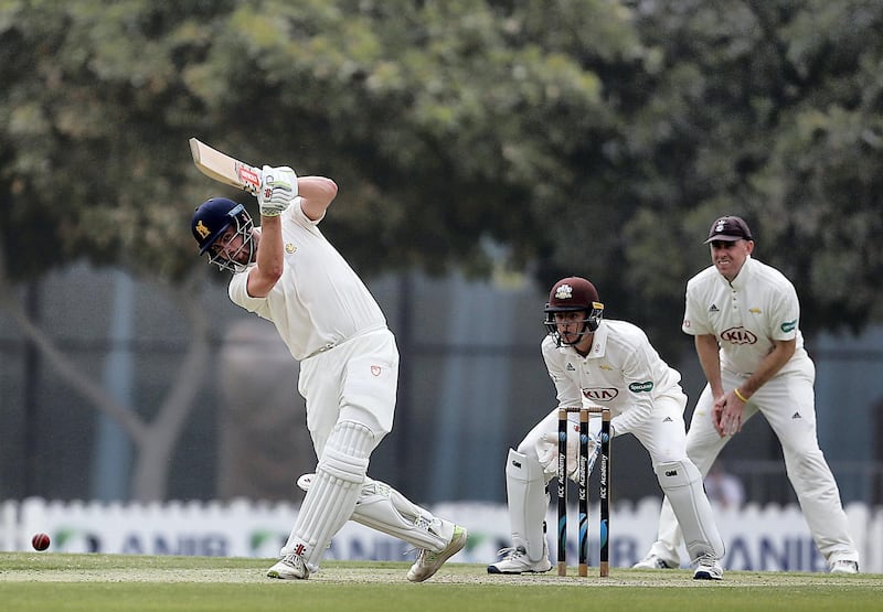 Dubai, March, 24, 2019: Dominic Peter Sibley of MCC in action against Surrey in the Champion County match at the ICC Academy in Dubai. Satish Kumar/ For the National / Story by Paul Radley