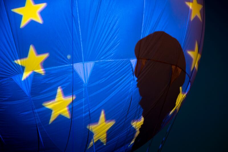 The EU flag is projected on to a helium balloon in Prague during celebrations last year to mark the Czech Republic's presidency of the 27-nation union, which now constitutes the world’s largest trading bloc. Getty