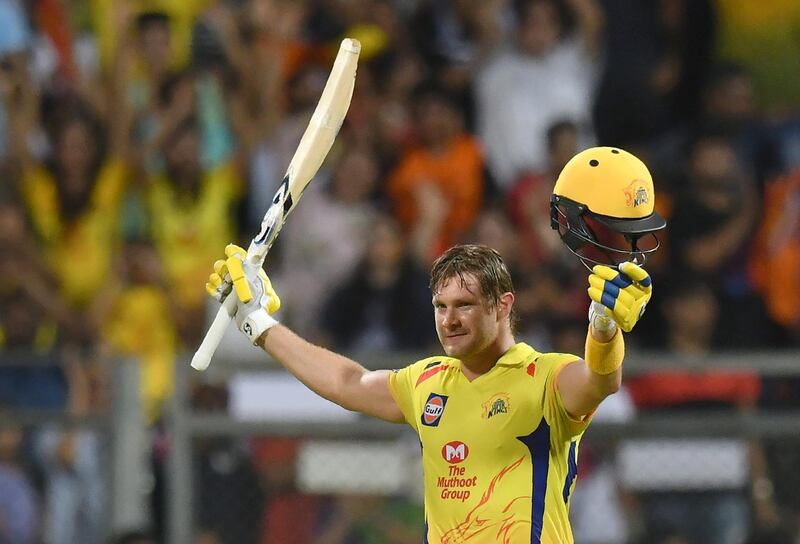 Chennai Super Kings' cricketer Shane Watson celebrates after scoring a century (100 runs) during the 2018 Indian Premier League (IPL) Twenty20 final cricket match between Chennai Super Kings and Sunrisers Hyderabad at the Wankhede stadium in Mumbai on May 27, 2018. / AFP PHOTO / PUNIT PARANJPE / ----IMAGE RESTRICTED TO EDITORIAL USE - STRICTLY NO COMMERCIAL USE----- / GETTYOUT