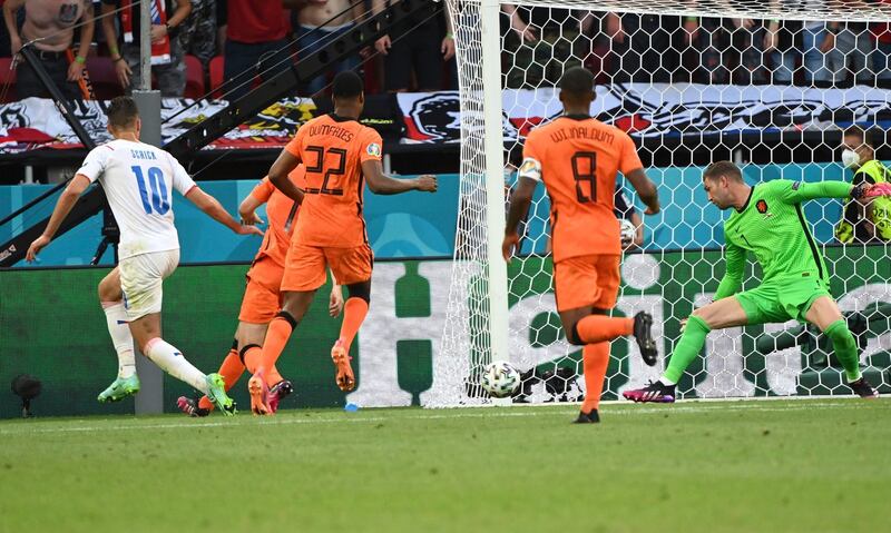 Czech Republic's Patrik Schick, left, scores his side's second goal against the Netherlands. AP