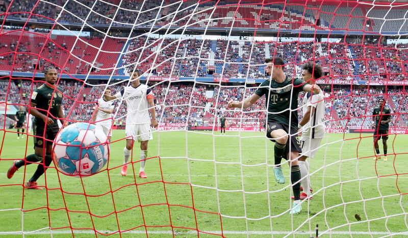 Robert Lewandowski of FC Bayern Munich scores his first goal. Getty Images